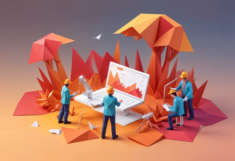 Papercut illustration minature tiny little workers fixing up your website